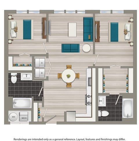 Floor plan for 2 beds, 2 baths, 945 sqft
